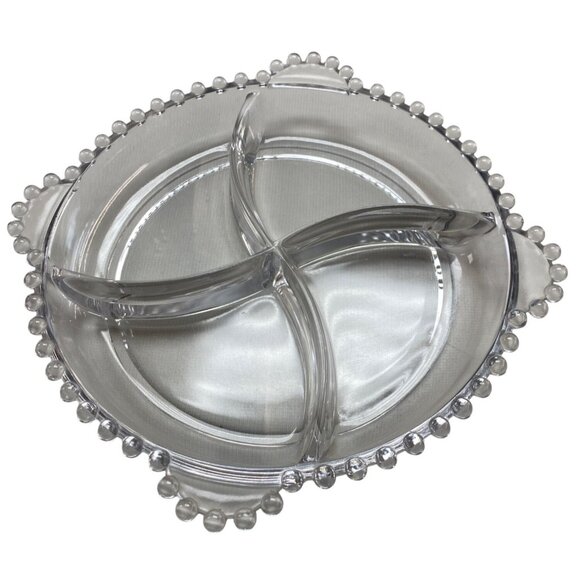 Vintage Candlewick Glass Divided Dish Beaded Edge Serving Plate Relish - Picture 1 of 5